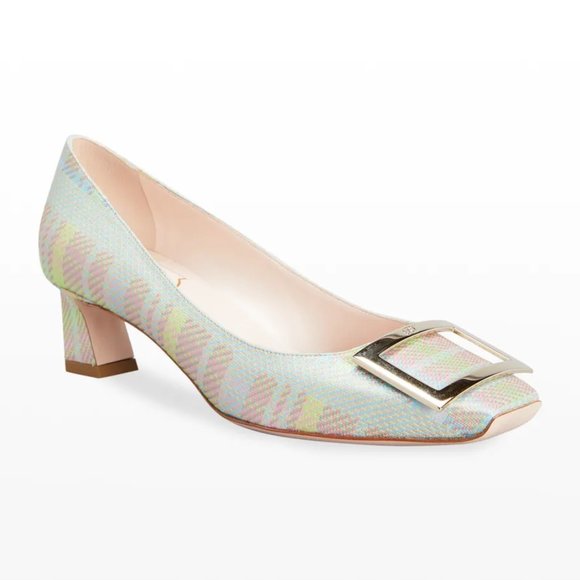 Roger Vivier Trompette Tartan Buckle Square-Toe Pumps In Pink Pattern - Size 9 - Picture 1 of 6